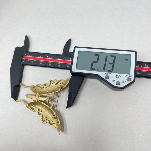 Pell Uranium Glass Butterfly Brooch Vintage Signed Gold-Tone Pink Body - Picture 12 of 12